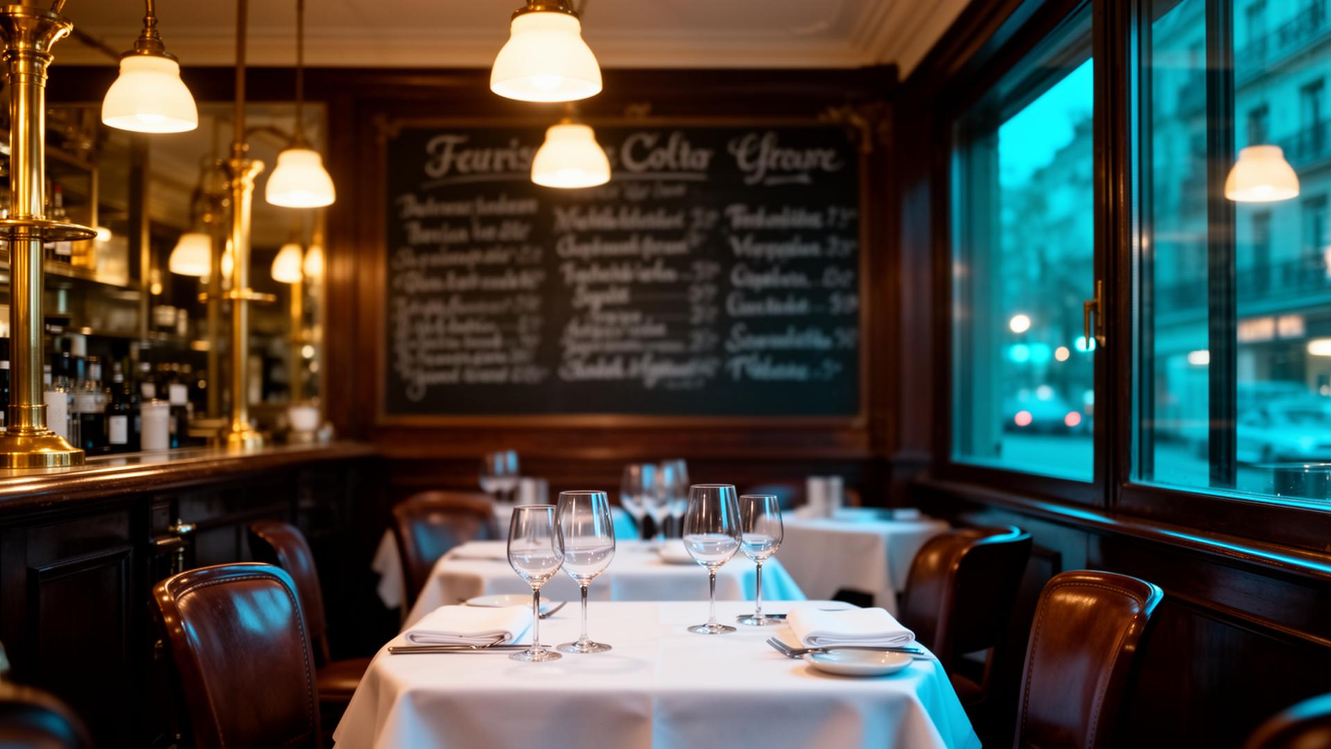 Meertalige SEO horeca Europa cinematic bistro interieur met avondlicht en gedekte tafels