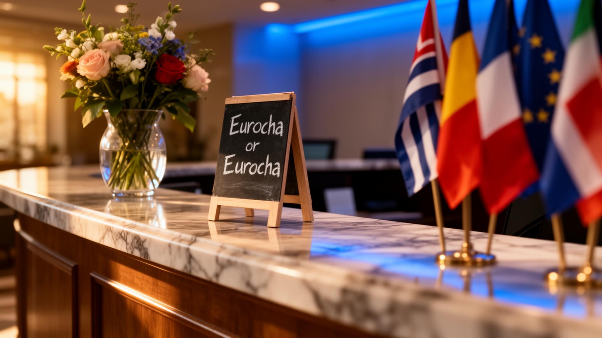 Meertalige SEO horeca closeup van hotelreceptie met marmeren balie en bloemen
