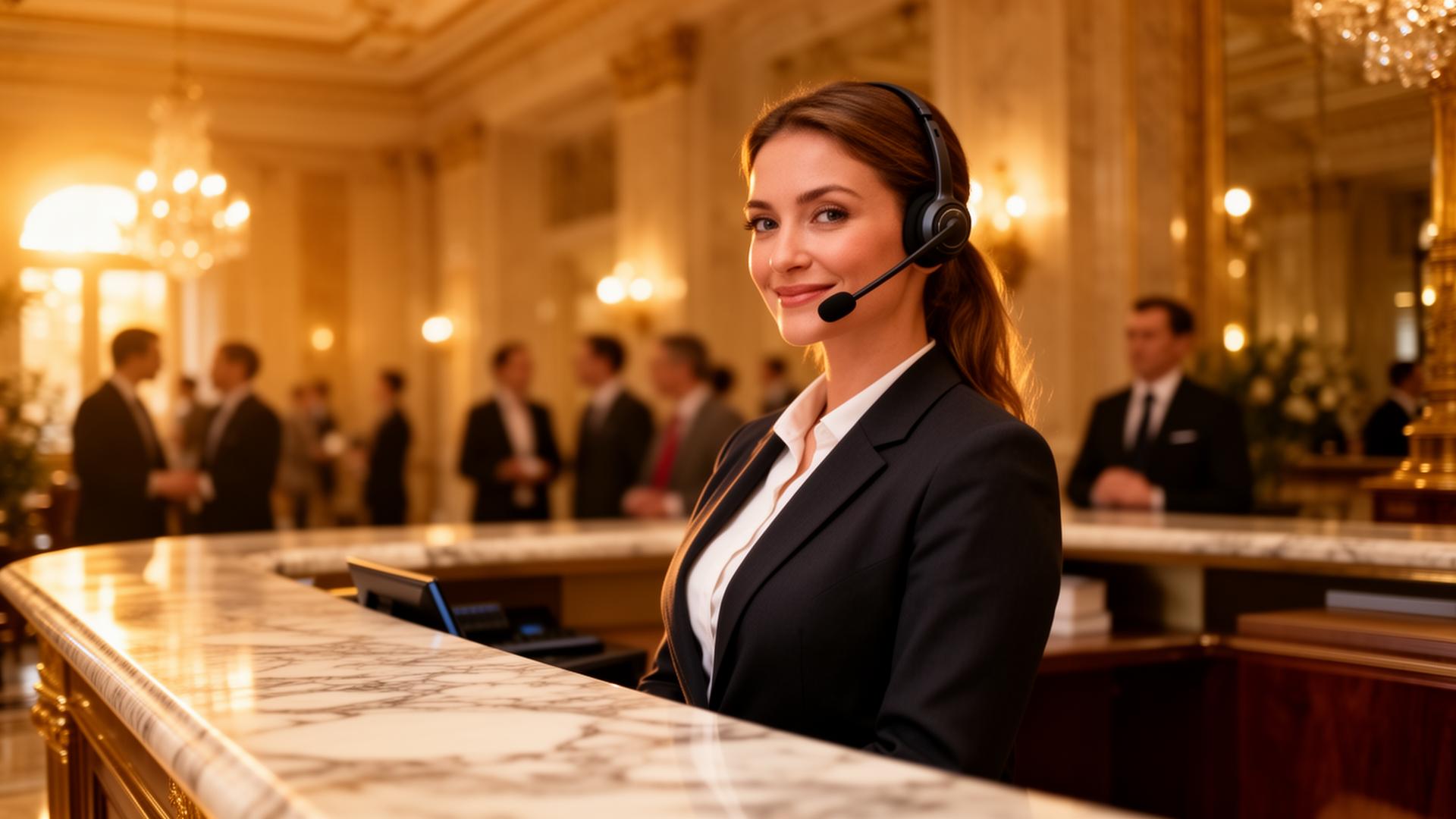 Meertalige stem AI hotel receptionist met headset achter balie internationale gasten