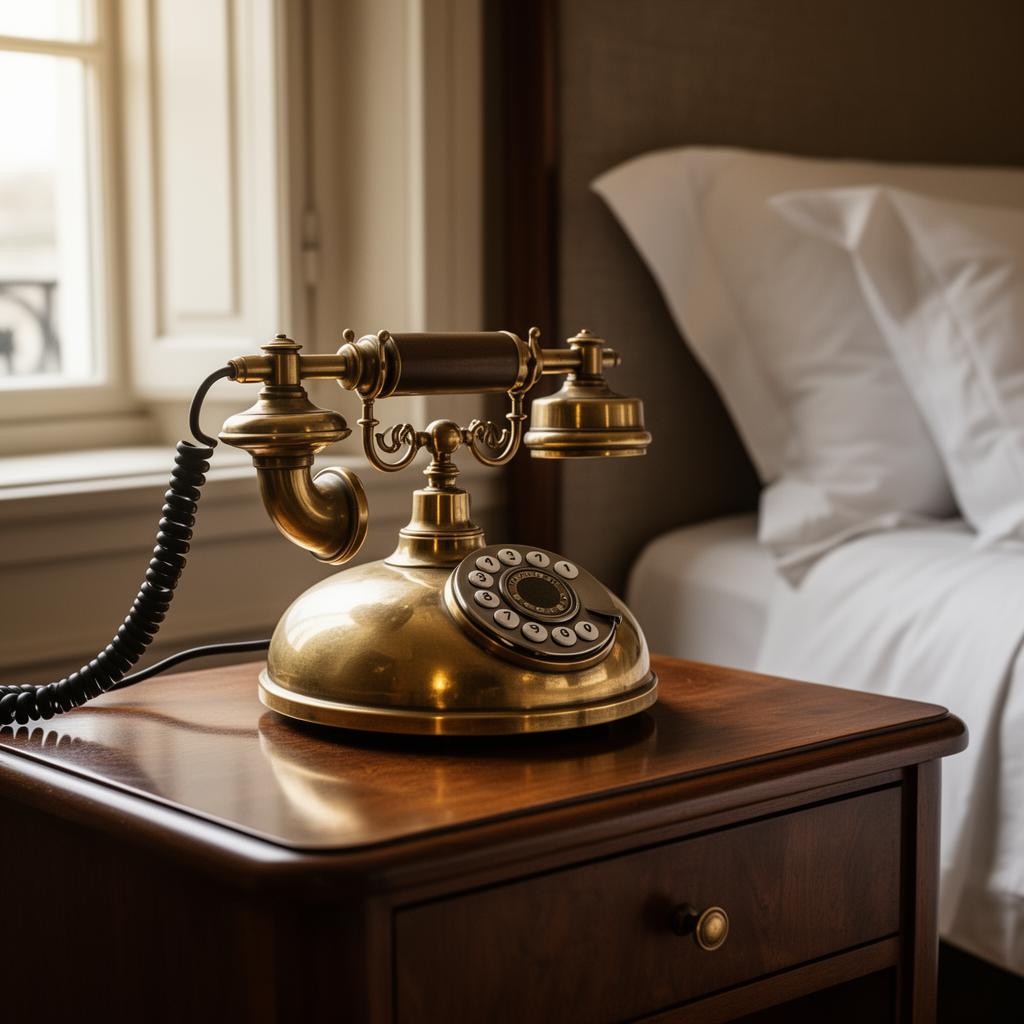 Meertalige stem AI hotel telefoon op nachtkastje van luxe hotelkamer