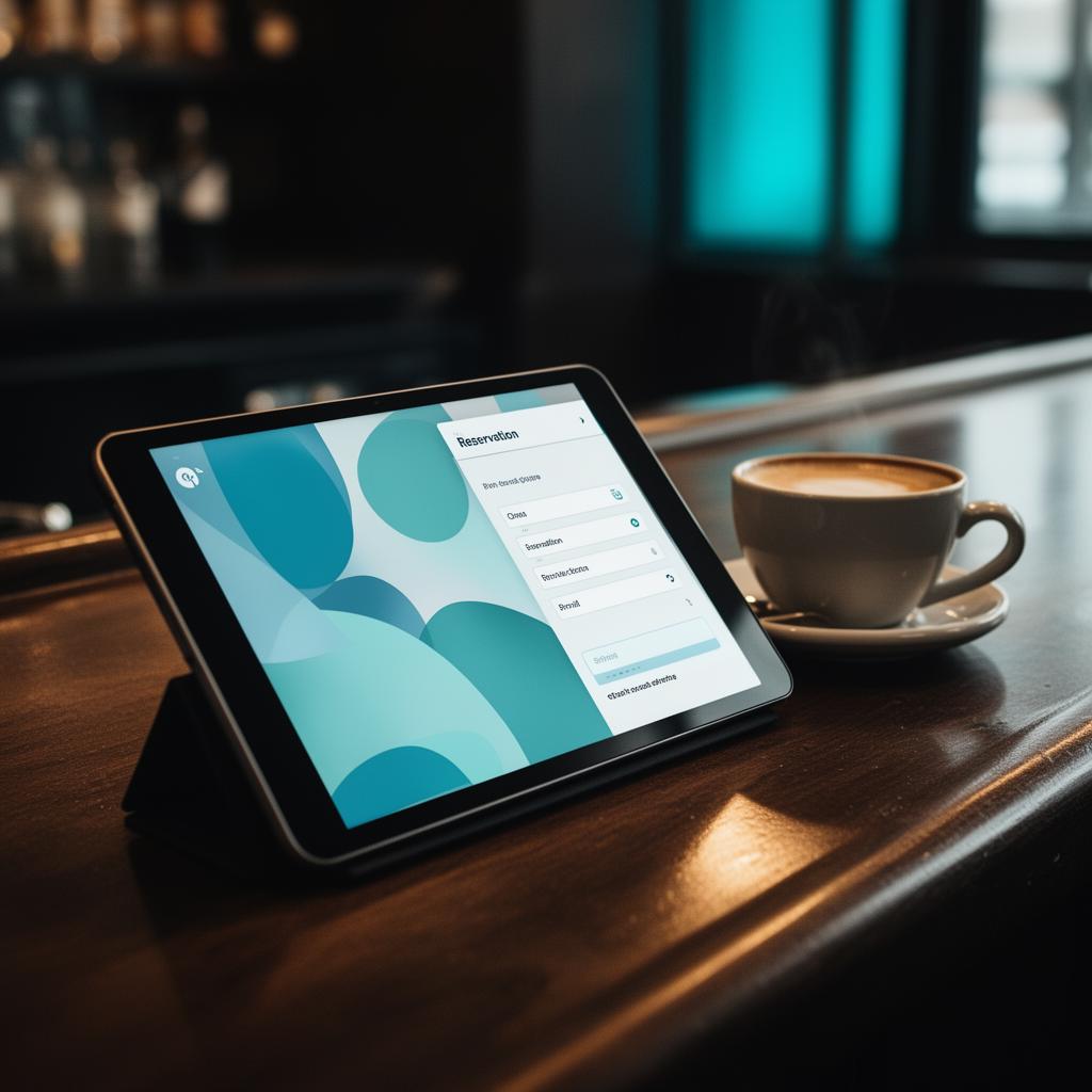 Cinematische close up van een tablet met reserveringsinterface naast een koffiekopje op een restaurantbar, verwijzing naar horeca automatisering met AI