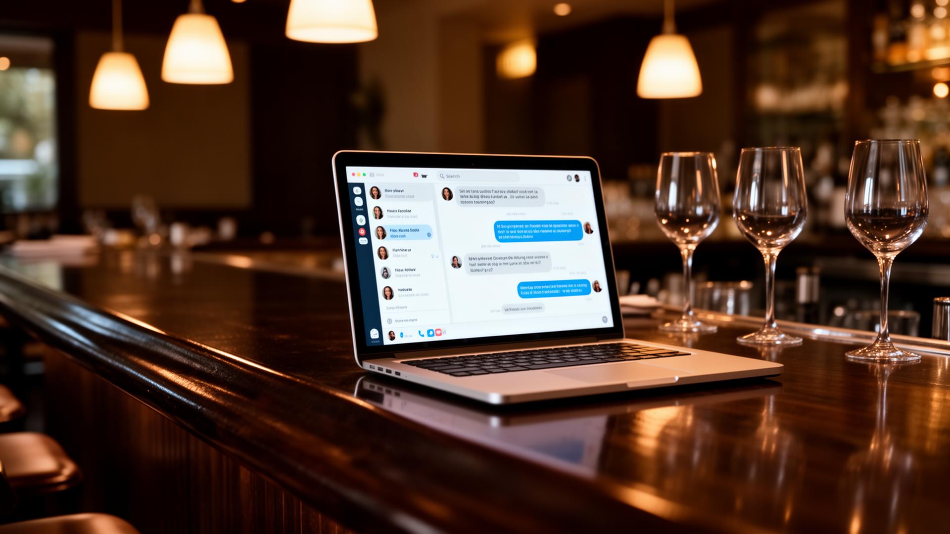 AI chatbot platforms horeca laptop met chatscherm op stijlvolle restaurantbar