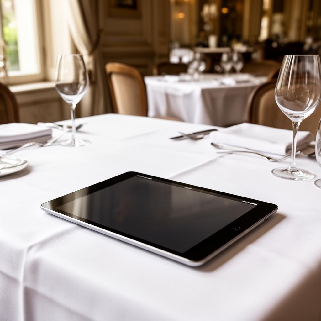 AI chatbot platforms horeca tablet op witte tafel in restaurantzaal