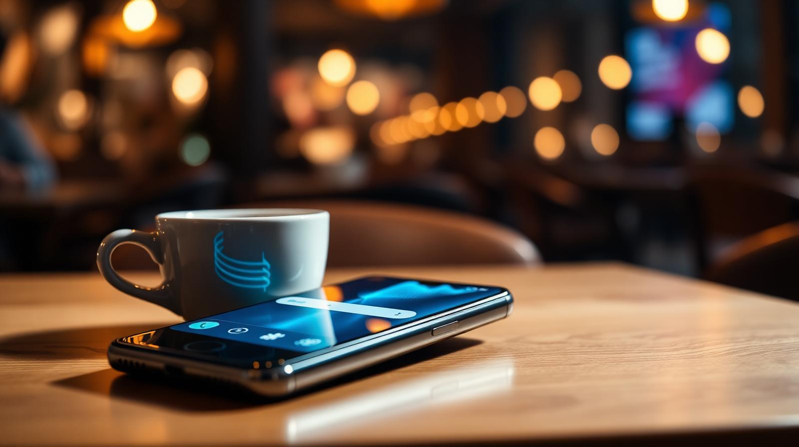 Voice search GEO horeca smartphone met spraakgolf naast espresso op restauranttafel in warme cinematische verlichting