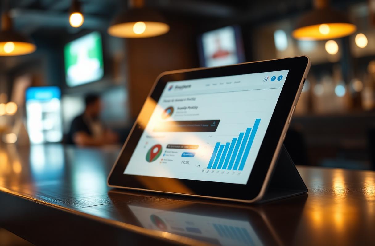 Voice search GEO horeca tablet met geblurde local business dashboard op donkere bar counter