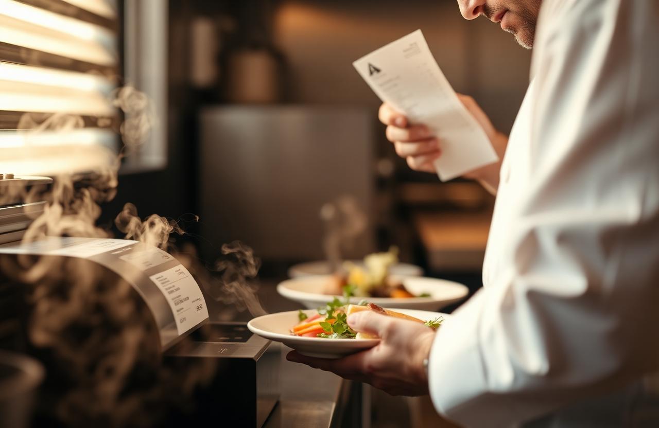 WhatsApp bestelflow restaurant chef pakt bestelticket bij bonprinter en plating dish met stoom en warm licht