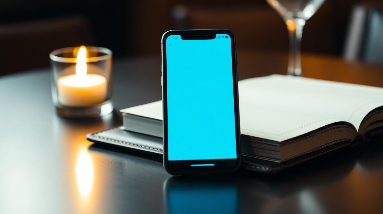 Cinematische close-up van smartphone met WhatsApp-bevestiging naast leren reserveringsboek, voor WhatsApp bot horeca