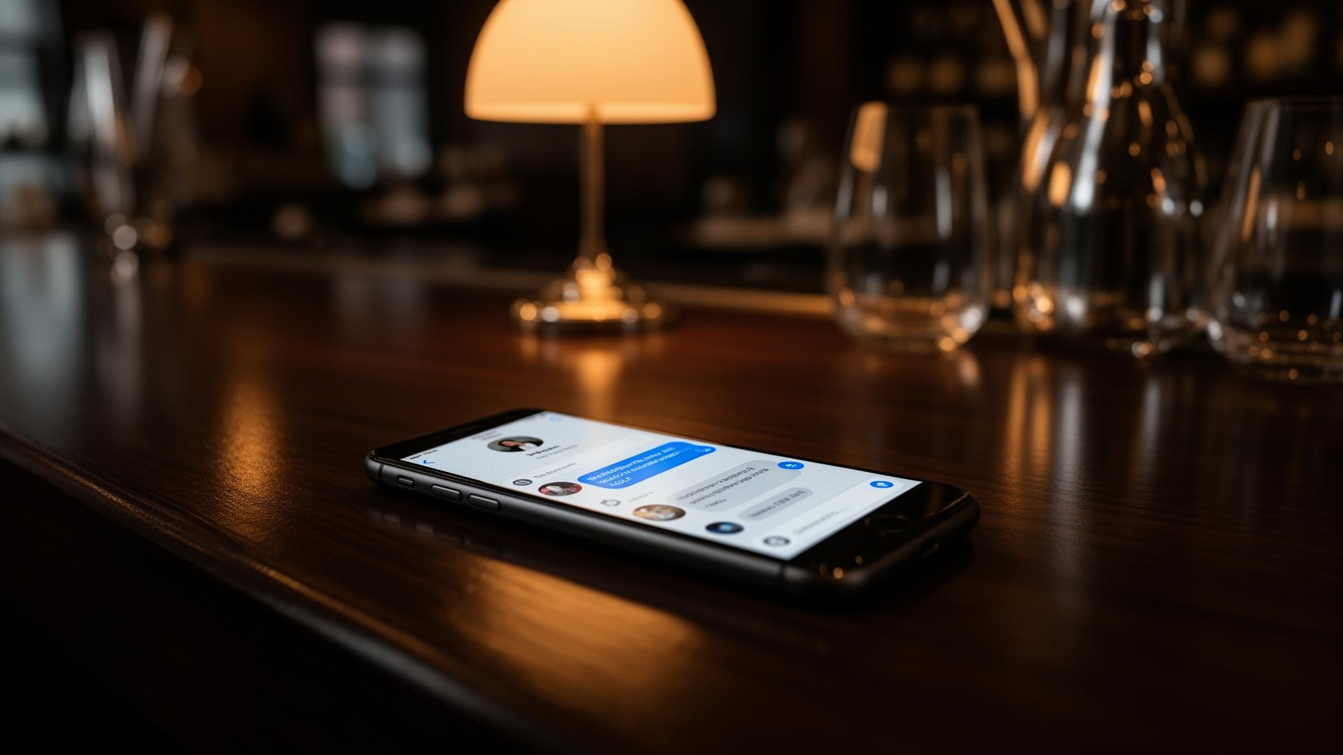 WhatsApp Business API horeca smartphone met chatbericht op restaurant bartop