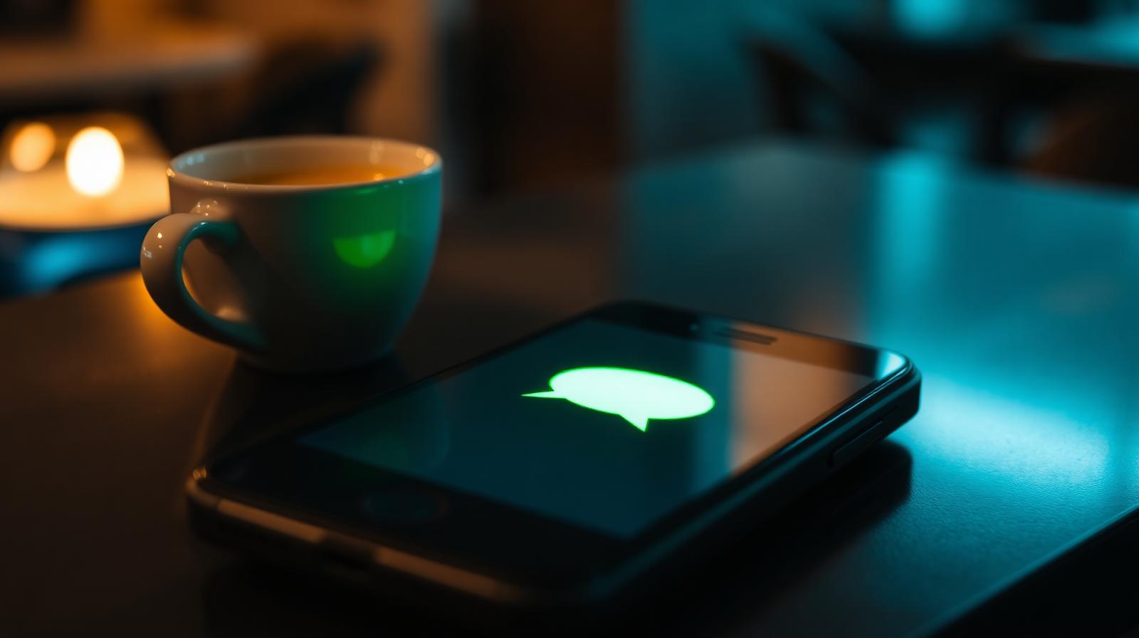 Cinematische close-up van groen berichtbubbel-icoon op donkere smartphone naast espressokopje, illustratie WhatsApp Business API restaurant