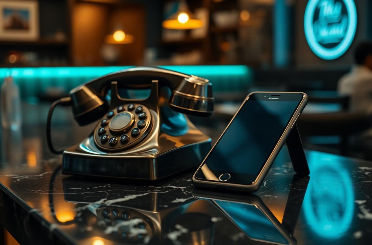 Cinematische close-up van vintage telefoon en moderne smartphone op donker marmer, illustratie WhatsApp Business API restaurant
