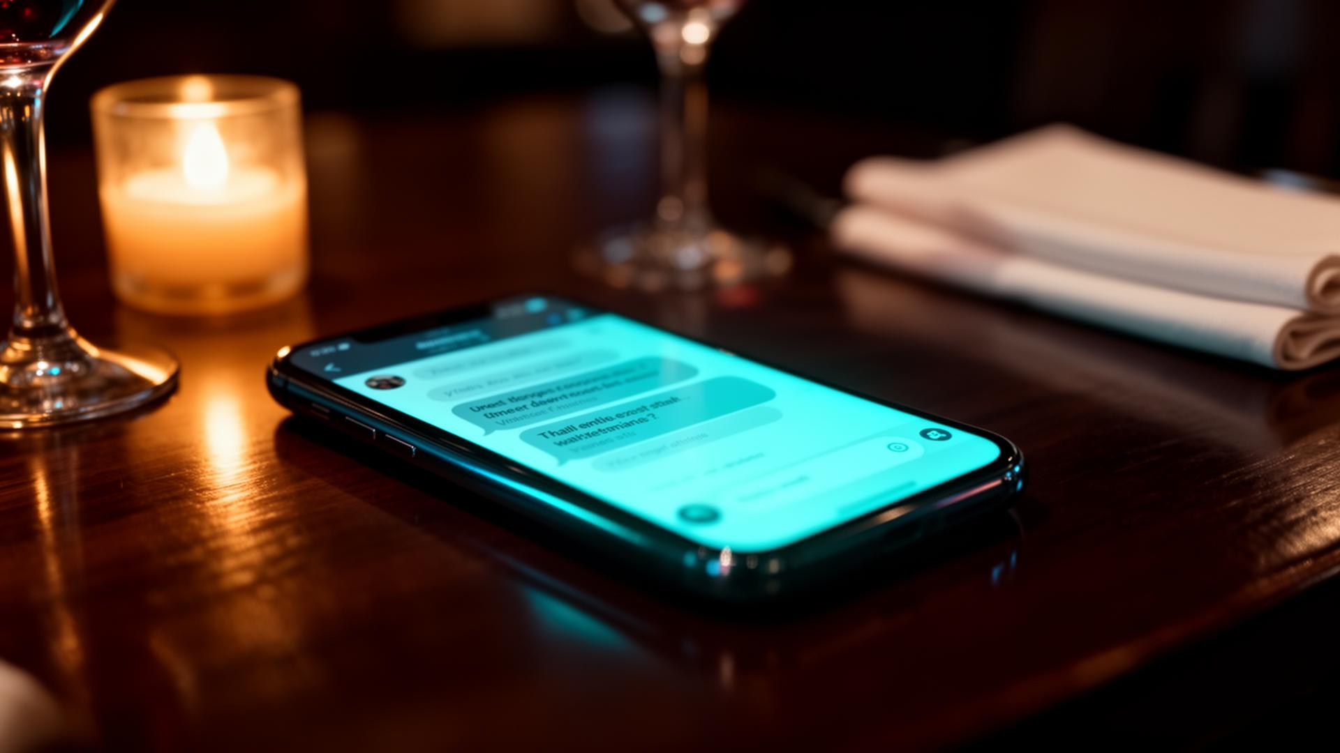 WhatsApp groepsberichten horeca AI closeup van smartphone met chat op donker restauranttafel
