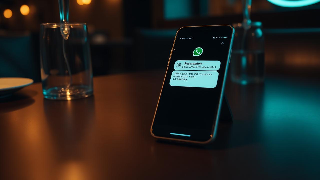 Cinematische close-up van smartphone met WhatsApp herinnering op restauranttafel voor WhatsApp AI horeca herinneringen