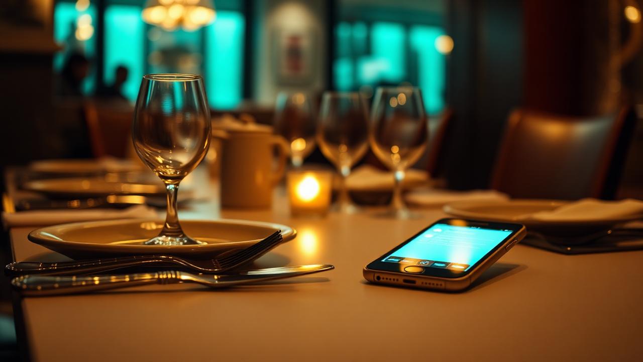 Cinematische close-up van gedekte tafel met smartphone voor WhatsApp AI horeca herinneringen