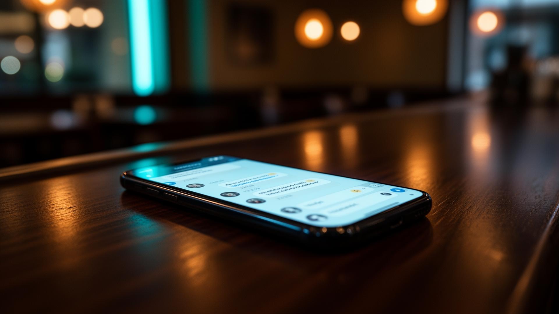 WhatsApp marketingcampagnes horeca: cinematische close-up van smartphone met chatscherm op donker bartoog