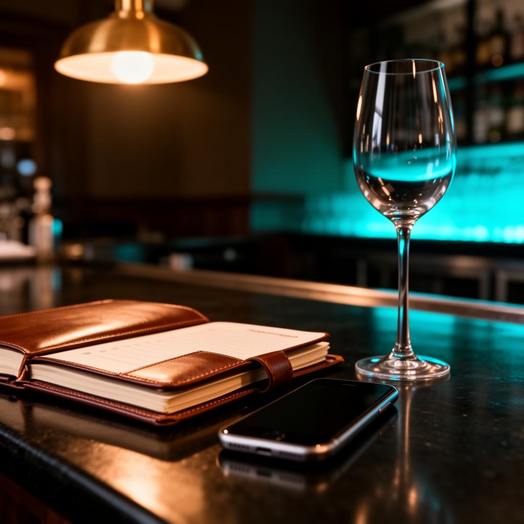 Smartphone naast leren reserveringsboek en wijnglas op donker bartoog in warm cinematisch licht