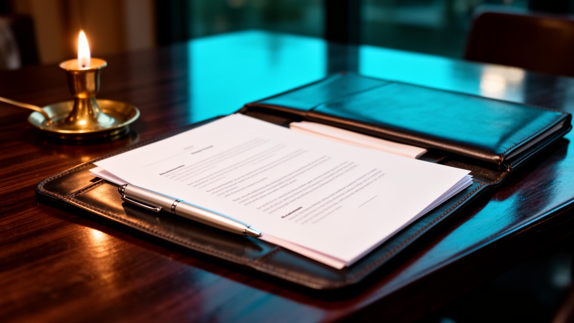 AI trends horeca 2026 whitepaper leren portfolio met printout en zilveren pen op donkere walnoot restauranttafel bij avondlicht