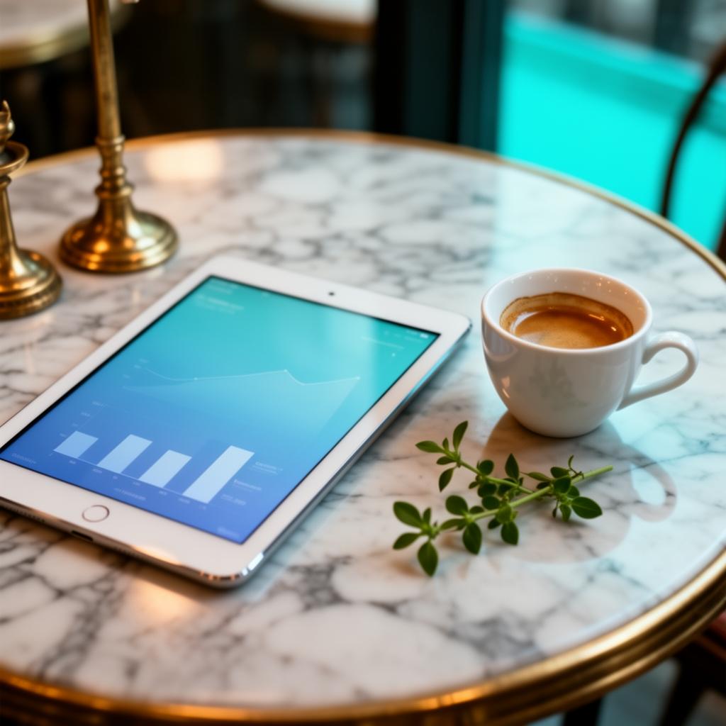 AI trends horeca 2026 tablet met analyticsdashboard naast espressokopje op marmeren cafetafel met messing details